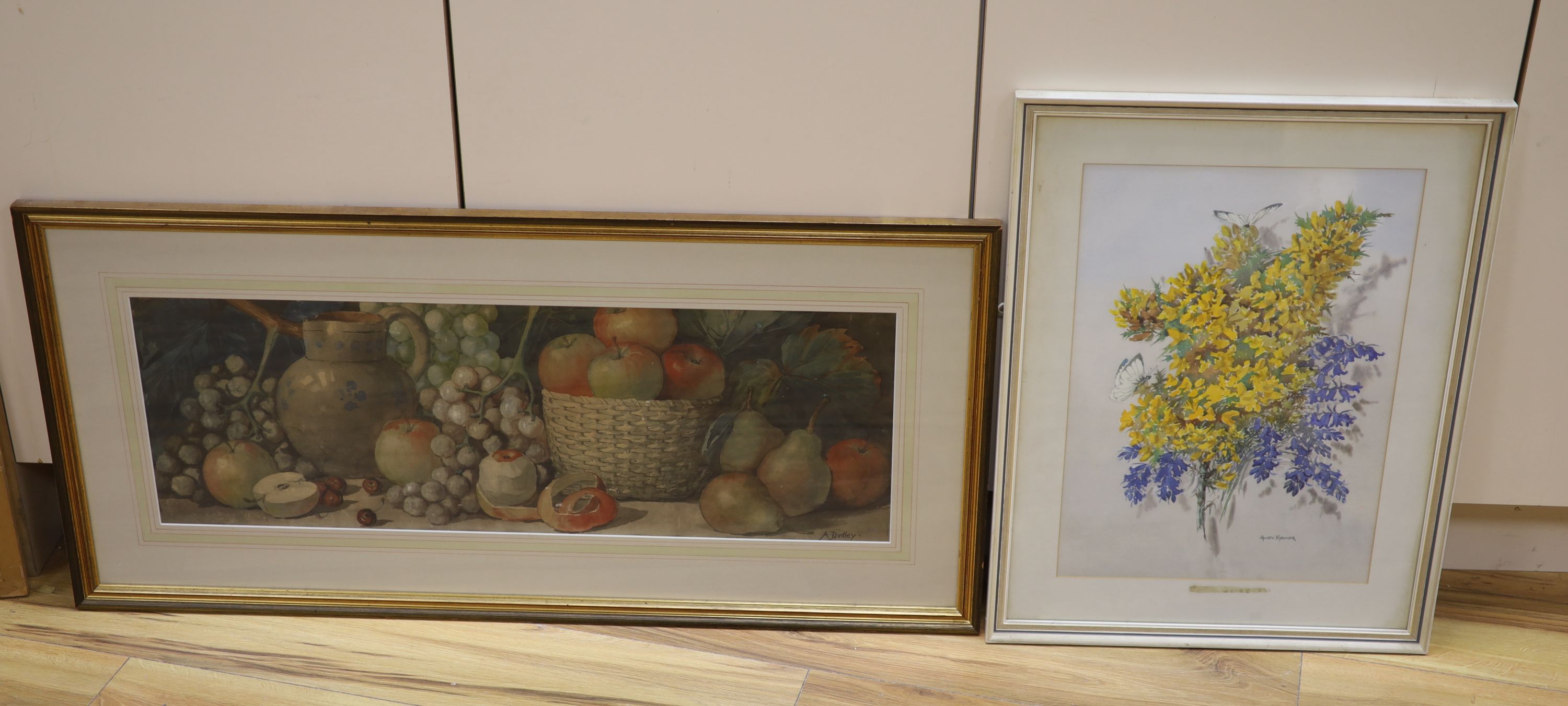 Arthur Dudley, watercolour, Still life of fruit, signed, 26 x 77cm and a still of flowers by Gwen Rayner, 45 x 32cm